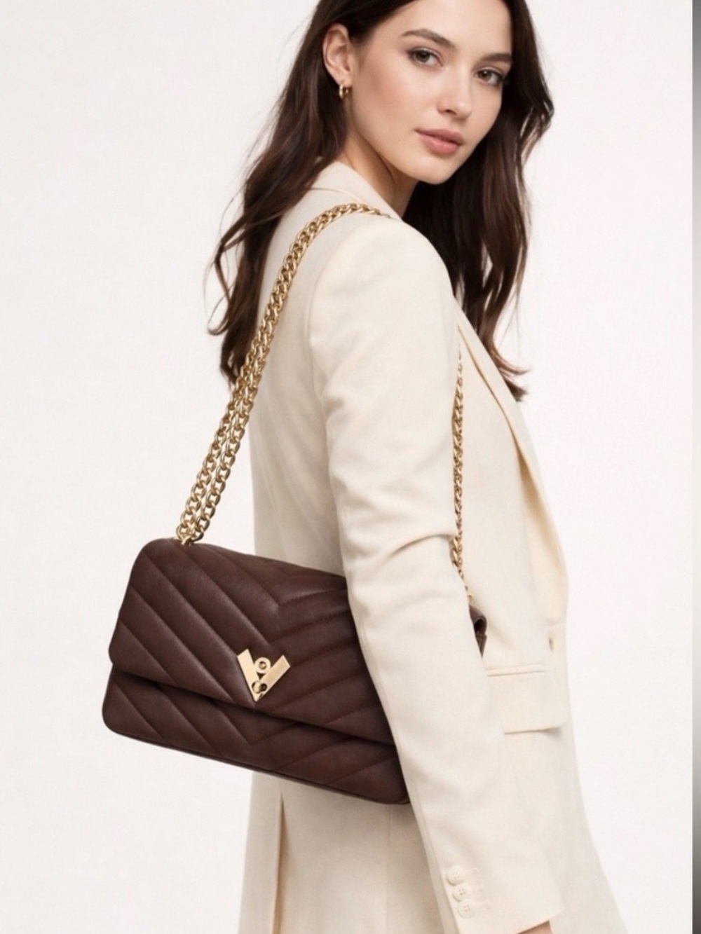 Valentino Orlandi Quilted Chevron Crossbody Bag Chocolate Brown Gold Hardware
